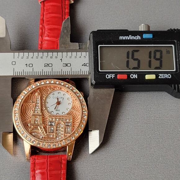 GoGoey Paris Eiffel Tower Watch Crystal Accents Red Strap Quartz 38mm Women’s - Picture 13 of 14